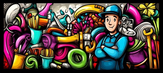 Happy mechanic amidst colorful tools and objects.