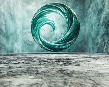 A mystical swirling portal of emerald and sapphire tones floating above a textured marble surface