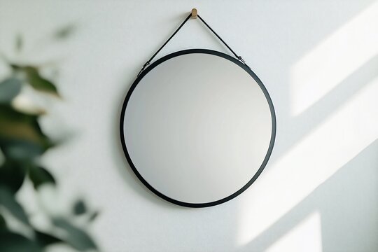 Round mirror hanging on white wall, sunlight.