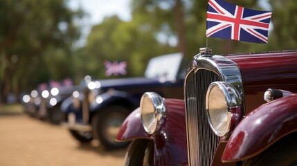 Vintage cars lined up with British flags, showcasing classic automotive design in a scenic outdoor setting.