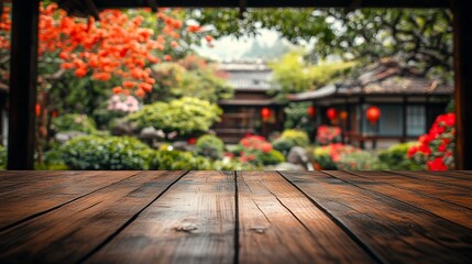 Obraz premium Wooden table with blurred Asian garden background.