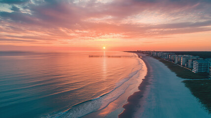 Obraz premium Serene Sunrise over Ocean Beach with Waves and Golden Horizon