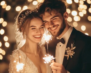 A joyful couple celebrates their wedding, holding sparklers amidst a backdrop of sparkling lights, capturing a moment of love and happiness.