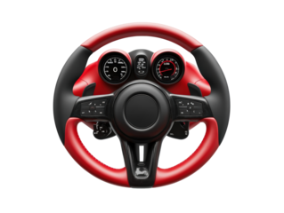Isolated Red and Black Car Steering Wheel with Gauges