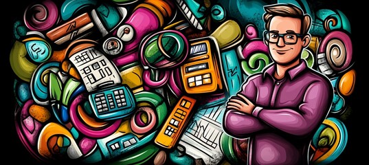 Fototapeta premium Doodle illustration of a confident businessman surrounded by business-related items.