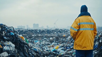 A sanitation worker stands overlooking a massive landfill, contemplating environmental issues and waste management.