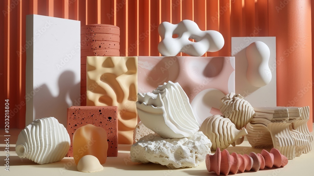 Poster design a collection of 3d clay renders that depict abstract representations of everyday objects and 