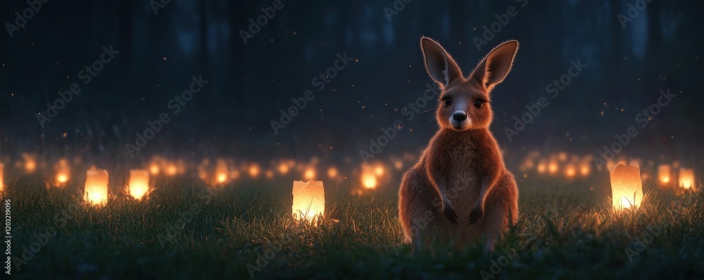 Poster a serene scene featuring a kangaroo surrounded by glowing lanterns in a dark forest, creating a magi