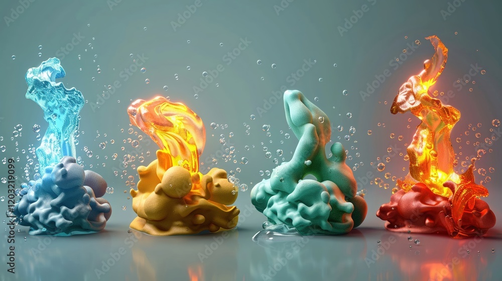 Poster design a collection of 3d clay renders that depict abstract representations of everyday objects and 