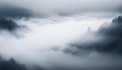 Fototapeta premium Mysterious landscape shrouded in white fog under a serene sky at dawn