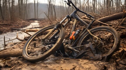 Fototapeta premium Neglected and broken down bicycle lying in the mud next to an overgrown trail suggesting a sense of abandonment and decay in an outdoor natural environment