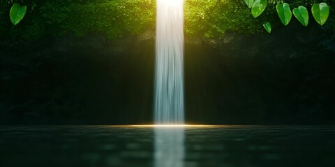 Hidden waterfall serenity concept. Serene waterfall cascading into a tranquil pool, surrounded by lush greenery.