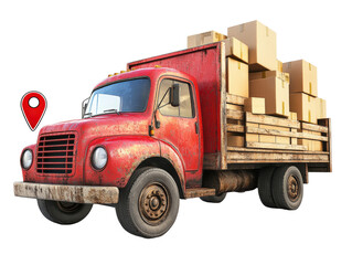 Isolated Red Vintage Truck with Cargo