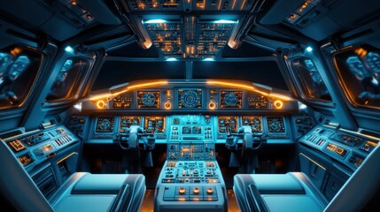 Illuminated Cockpit Interior of a Modern Aircraft With Instrument Panels