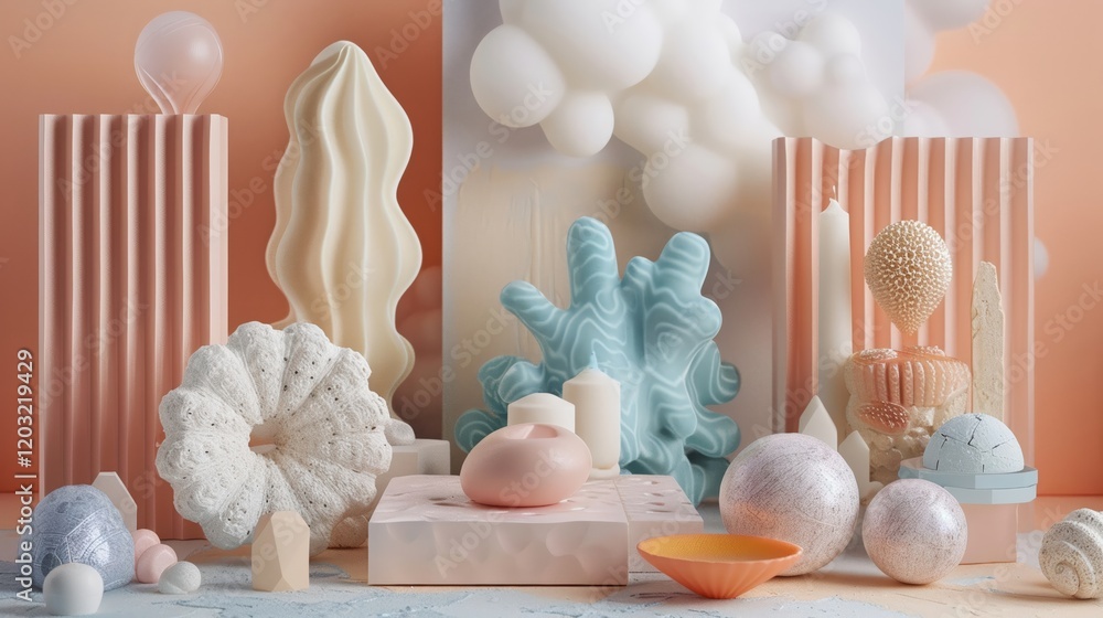 Poster design a collection of 3d clay renders that depict abstract representations of everyday objects and 