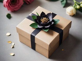 Gift Box with Flowers and Greeting Card on Light Table – Elegant Flat Lay for Special Occasions

