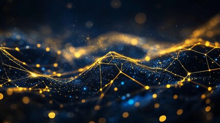 Abstract digital landscape with glowing particles and network connections.