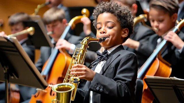 A small child performs in an ensemble on the saxophone. 