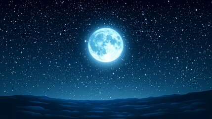 Naklejka premium Full moon shining brightly in a dark night sky, illuminating a serene landscape.