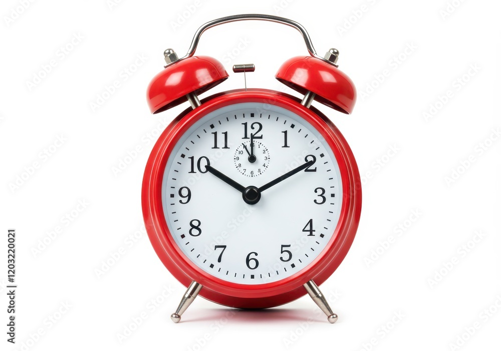 Poster a classic red alarm clock with two bells on top and a white clock face displaying the time isolated 