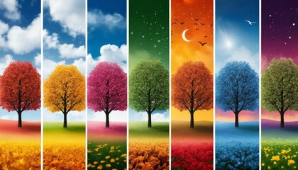Four Seasons Depicted with Colorful Trees and Landscapes