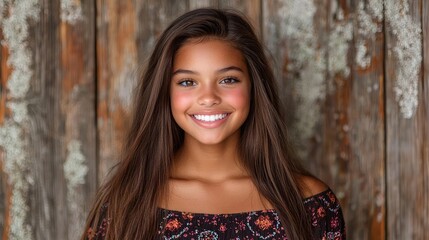 Fototapeta premium Smiling teenage girl with long brown hair posing in front of a rustic wooden wall during daytime.