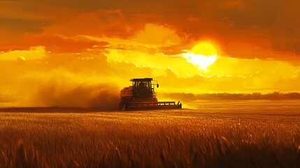 Fototapeta premium Golden Hour Harvest: Silhouetted combine dramatically harvests wheat field under vibrant sunset. AI Generated