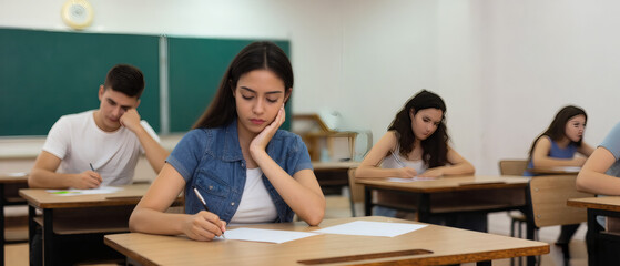 Exam at school with student's taking educational admission test in class, thinking hard, writing answer in university classroom