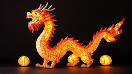 Fototapeta premium A vibrant dragon lantern with intricate details, illuminated against a dark background, symbolizing strength and good fortune.
