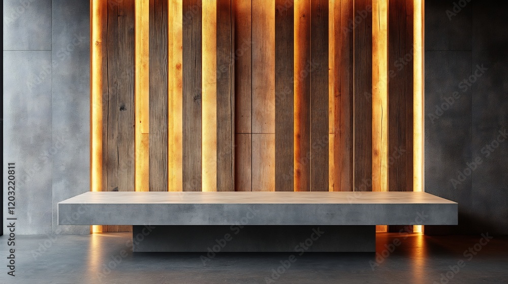 Poster concrete tabletop set against a backdrop of vertical wooden wall panels creating a warm and inviting
