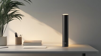Modern minimalist black cylindrical desk lamp illuminating a workspace.
