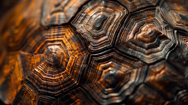 A macro shot of the intricate patterns on a turtle's shell, highlighting its natural grooves and earthy tones.