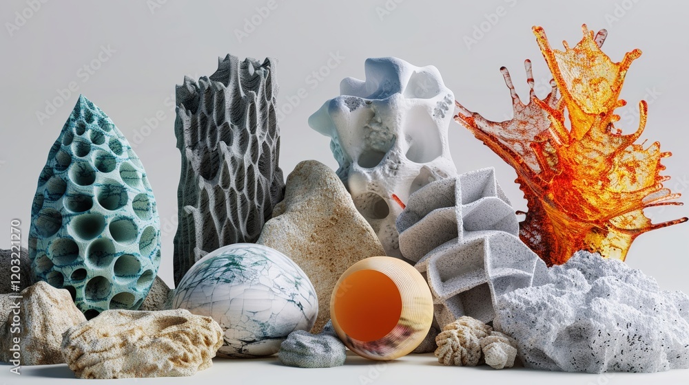 Aufkleber design a collection of 3d clay renders that depict abstract representations of everyday objects and 