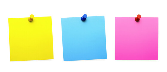 Isolated picture of set yellow, blue, pink post-it note on white background png