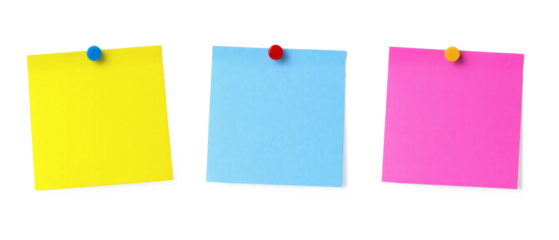 Isolated picture of set yellow, blue, pink post-it note on white background png