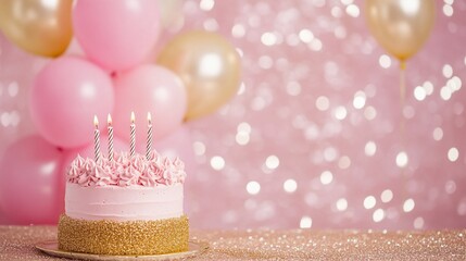 Pink birthday cake with candles and balloons. (1)