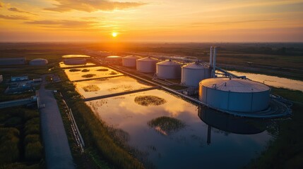 renewable energy Aerial view of storage tanks reflecting a sunset over calm waters.