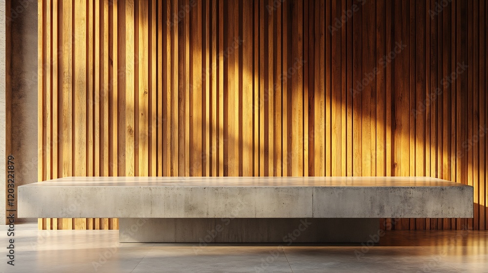 Poster concrete tabletop set against a backdrop of vertical wooden wall panels creating a warm and inviting