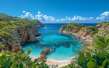 Fototapeta premium Secluded cove with turquoise water, sandy beach, and lush greenery under a sunny sky.