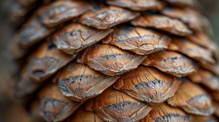 Fototapeta premium A macro shot of the textured surface of a pinecone, showcasing its layered woody scales with intricate grooves.