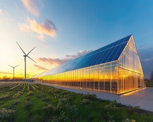 Obraz premium renewable energy Modern greenhouse with solar panels and wind turbines at sunset.
