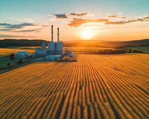 Fototapeta premium renewable energy Sunset over a power plant amidst golden fields.