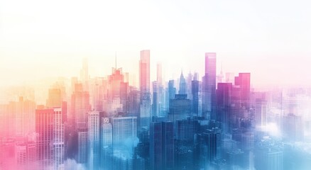 Ethereal Cityscape at Dawn with Soft Pink and Blue Hues Over a Modern Urban Skyline Surrounded by Mist and Clouds, Capturing a Dreamlike Atmosphere