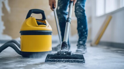 Fototapeta premium Construction worker cleaning up dust with a wet/dry vacuum after demolition or renovation work.
