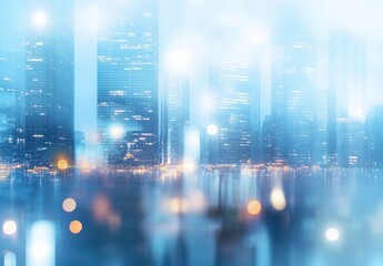 Fototapeta premium Ethereal Urban Skyline at Dusk with Soft Lights and Blue Hues Creating a Dreamlike Atmosphere in a Modern Cityscape with Skyscrapers and Reflections on Water