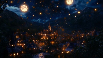 Naklejka premium Magical night scene of a fairytale castle town illuminated by lanterns and moons.