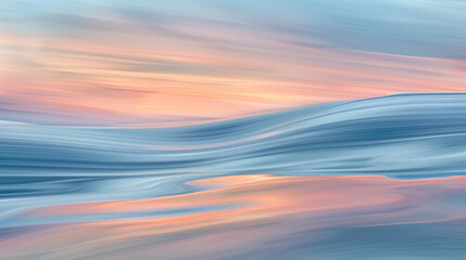 A minimalist long exposure of smooth ripples on a frozen lake, with reflective ice textures and streaking pastel clouds.