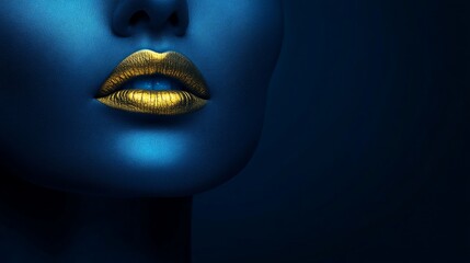Naklejka premium Close-up of woman's face with gold lipstick, dark blue background.