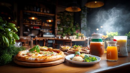 Obraz premium Warm inviting restaurant scene features delicious pizza steaming drinks. AI Generated