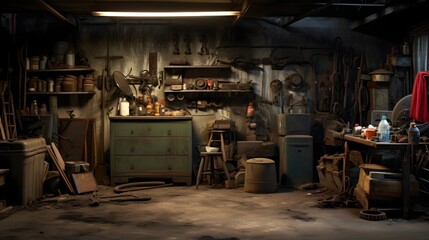 Chaotic and Cluttered Garage Interior Featuring a Disorderly Arrangement of Old Storage Boxes Vintage Tools and Oil Stains on the Worn Concrete Floor